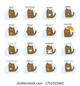 Set of vector illustrations. Cat with various gestures, symbols, emotions, inscriptions. 