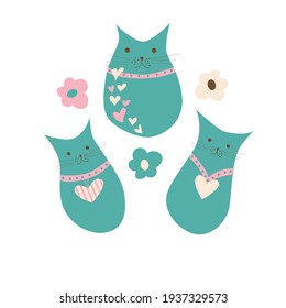 Set of Vector Illustrations of Cats with flowers and hearts. Vector Illustrations isolated on white background