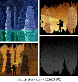 set of vector illustrations of cave with stalactites and stalagmites, girl caver, bats and lake