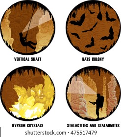 set of vector illustrations of cave with stalactites and stalagmites, girl caver and bats