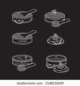 Set of vector illustrations of caviar in black and white sketch style