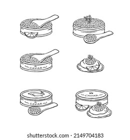 Set of vector illustrations of caviar in black and white sketch style