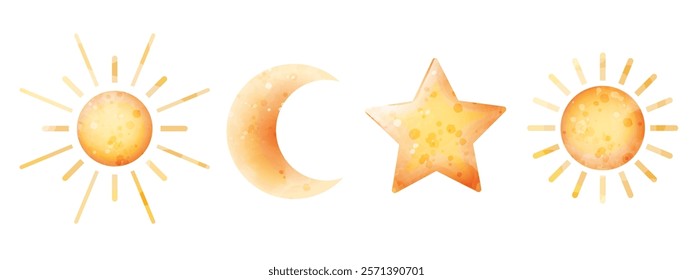 Set of vector illustrations of celestial bodies in cute watercolor style. Sun, crescent moon, star, isolated