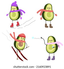 Set of vector illustrations character avocado girl and winter active games. Ice skating, skiing, snowball fights. Cliparts for postcards, candelaria, cups.