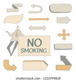 Set of vector illustrations of a character and design elements of arrows and pointers.