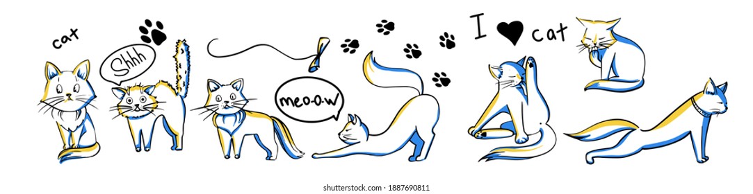 Set of vector illustrations character design outline of cats. Captions for characters. The paw prints. Draw doodle style.