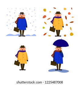 Set of vector illustrations. Character in the style of flat man in a hat, coat, raincoat, scarf with a suitcase in his hand on the background of falling leaves, under an umbrella, under the snow.