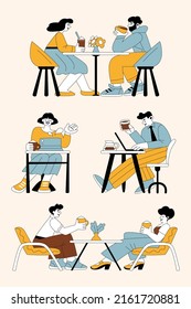 Set of vector illustrations,  characters in a cafe. Scenes with coffee and table. Drinking, talking, working, studying, having a good time. Male and female. Flat hand drawn cartoon vector illustration