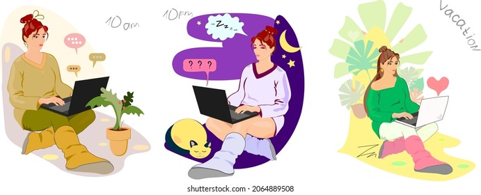 a set of vector illustrations of characters. eps10. The girl is a female blogger working from home. A female streamer is working with a laptop. Conducts a live broadcast. Works online on the Internet