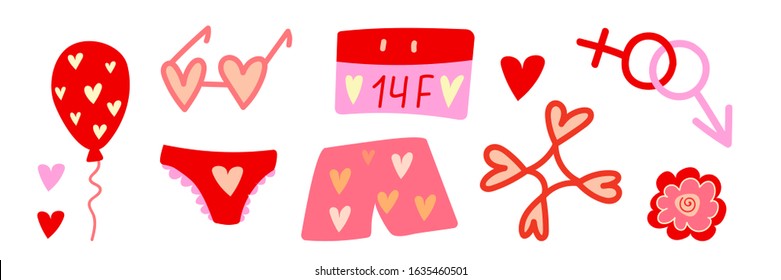 Set of vector illustrations of characters of funny Valentine's Day. February 14th calendar, pink glasses and underwear. Funny set of stickers or icons for design postcards or completion to stickpack.