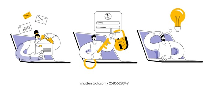 Set of vector illustrations with characters. Man holding virtual key, sorting email, searching for new ideas. Vector illustrations for animation.