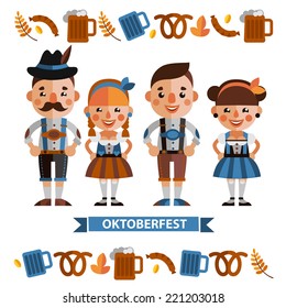 Set of vector illustrations, characters in traditional Bavarian costumes, glasses of beer, sausages and pretzels - Oktoberfest. Cartoon guys and girls in flat style. Oktoberfest characters and icons s