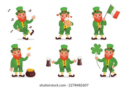 Set of vector illustrations with a cheerful Leprechaun, beer, the flag of Ireland, dancing and a festive mood. Happy Saint Patrick's Day!