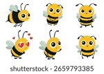 A set of vector illustrations in a childlike style. Cute cartoon-style bees with big eyes on a white background. In love, angry, and with flowers.