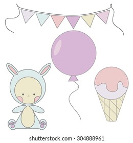 Set of vector illustrations of children: air balloon, bunny, paper garland and ice cream.