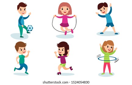 Set Of Vector Illustrations With Children Of Different Physical Activity Cartoon Characters