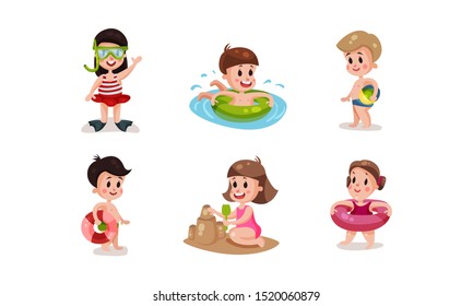 Set Of Vector Illustrations With Children On The Beach or Resort