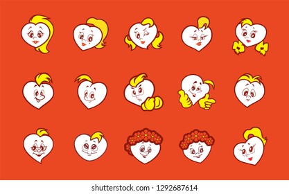 Set of vector illustrations children's animation characters hearts boys and girls. Fiery flame of love in the children's picture of the animation character.