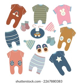 Set of vector illustrations of children's clothes. Little girl and boy dress up cartoon elements. Bodysuit, overalls, hats, socks. Vector collection of baby clothes.