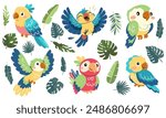 Set of vector illustrations in children's style. Cute cartoon parrots in different poses and tropical leaves