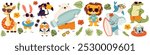 Set of vector illustrations in children's style on summer theme. Cute animals in sunglasses and surfboard. Lion polar bear penguin penguin shark toucan crocodile hare giraffe