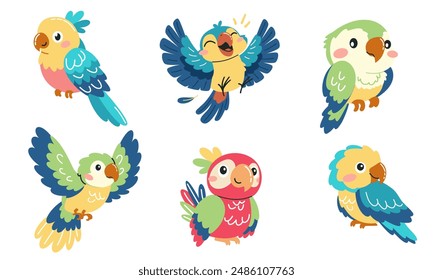 Conjunto de Ilustraciones vectoriales en estilo infantil. Lindos loros de dibujos animados en diferentes poses 