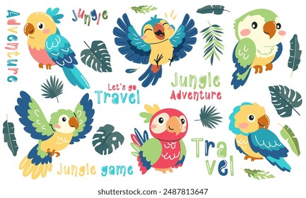 Set of vector illustrations in children's style. Cute cartoon parrots in different poses and tropical leaves, lettering