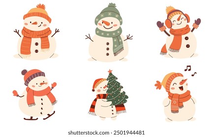 Set of vector illustrations in children's style on white background. Cute New Year snowmen. 