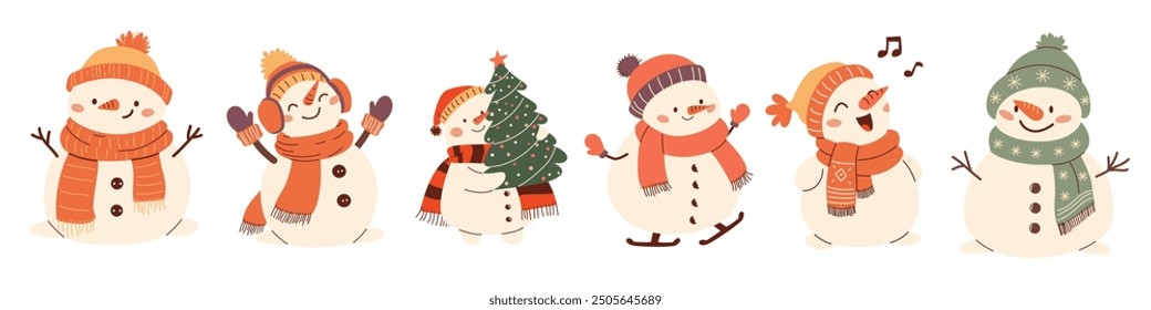 Set of vector illustrations in children's style on white background. Cute New Year snowmen. 