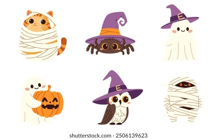 A set of vector illustrations in children's style for the Halloween holiday. Cute mummy cat, spider owl ghost in witch hat, pumpkin. 