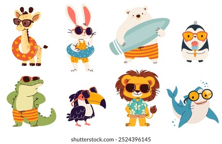 Conjunto de Ilustraciones vectoriales en estilo infantil sobre temática veraniega. Animales lindos en gafas de sol y tabla de surf. León oso polar pingüino tiburón tucán cocodrilo liebre jirafa