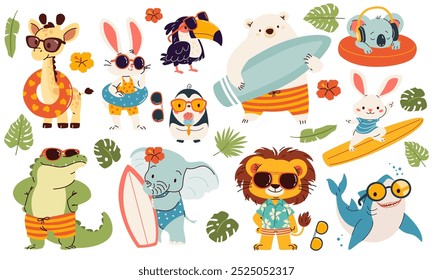 Conjunto de Ilustraciones vectoriales en estilo infantil sobre temática veraniega. Animales lindos en gafas de sol y tabla de surf. León oso polar pingüino tiburón tucán cocodrilo liebre jirafa