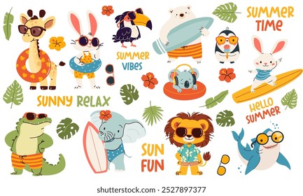 Conjunto de ilustrações vetoriais em estilo infantil sobre tema de verão. Animais bonitos em óculos de sol e prancha de surfe. Lion urso polar pinguim pinguim tubarão tucano crocodilo lebre girafa