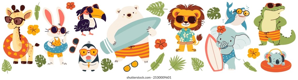 Conjunto de ilustrações vetoriais em estilo infantil sobre tema de verão. Animais bonitos em óculos de sol e prancha de surfe. Lion urso polar pinguim pinguim tubarão tucano crocodilo lebre girafa