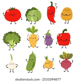 Conjunto de Ilustraciones vectoriales en estilo infantil. Verduras lindas en diferentes poses y con caras lindas. Repollo zanahorias brócoli cebolla ajo tomate patata pimiento berenjena pepino remolacha