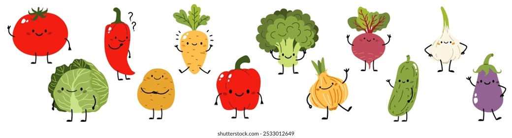 Conjunto de ilustrações vetoriais no estilo infantil. Legumes bonitos em poses diferentes e com rostos bonitos. Cenouras de repolho brócolis cebola alho tomate batata pimenta berinjela pepino beterraba