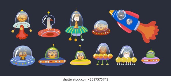 A set of vector illustrations in a children's style. Cute animals flying in spacesuits and on a rocket. Goose, giraffe, lion, mouse, monkey, cat, deer, tiger, dog, owl, frog, bear