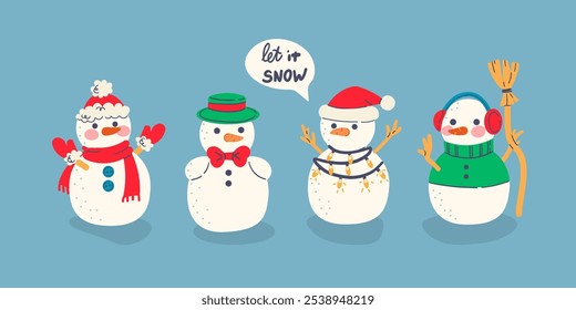 Set of vector illustrations in children's style on blue background. Cute New Year snowmen with cozy winter elements ,flat doodle cartoon hand drawn illustration for winter and holidays design .