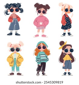 Conjunto de ilustrações vetoriais no estilo infantil. Meninas bonitas em roupas elegantes na moda e óculos de sol