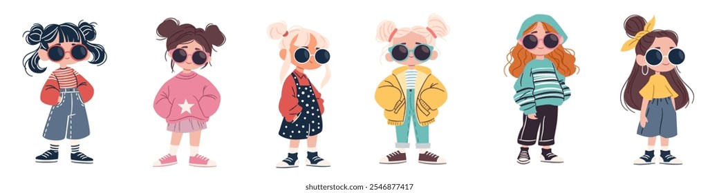 Conjunto de ilustrações vetoriais no estilo infantil. Meninas bonitas em roupas elegantes na moda e óculos de sol