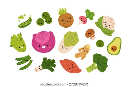 Conjunto de Ilustraciones vectoriales en estilo infantil. Verduras lindas en diferentes poses y con caras lindas. Col, jengibre, brócoli, guisantes, batata, aguacate, coliflor, espárragos y rábano