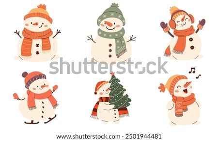 Set of vector illustrations in children's style on white background. Cute New Year snowmen. 