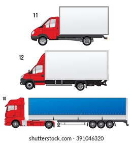 Set of vector illustrations of Chinese and Russian trucks. cargo truck. Icons trucks. Red trucks on the white background