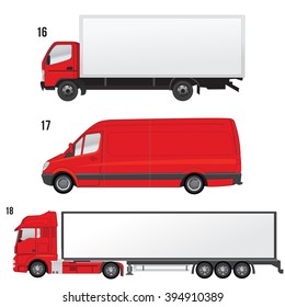 Set of vector illustrations of Chinese and Russian trucks. ?argo truck. Icons trucks.