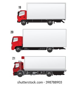 Set of vector illustrations of Chinese and Russian trucks. ?argo truck. Icons trucks.