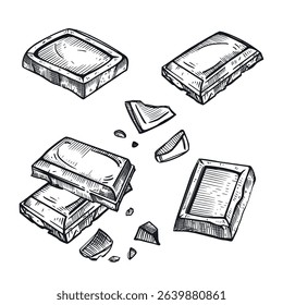 Set of vector illustrations. Chocolate bar, chocolate pieces and slices, crumbs, all objects are hand drawn in vector in dark gray. Suitable for printing on fabric, packaging of goods, products.