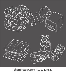 A set of vector illustrations of chocolate chip cookies, chocolate bar, cracker marshmallow sandwich and gummy bears, white sketch on a grey chalkboard