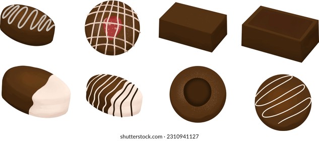 Set of vector illustrations of chocolates, decorations