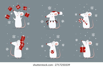 Un conjunto de Ilustraciones vectoriales para tarjetas de Navidad. Ratón blanco lindo con los regalos y los dulces del año Nuevo en el sombrero de Santa Claus.