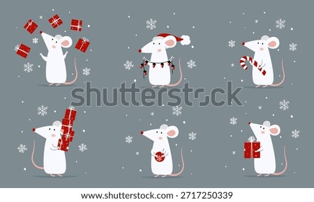 A set of vector illustrations for Christmas cards. Cute white mouse with New Year's gifts and sweets in Santa Claus' hat.
